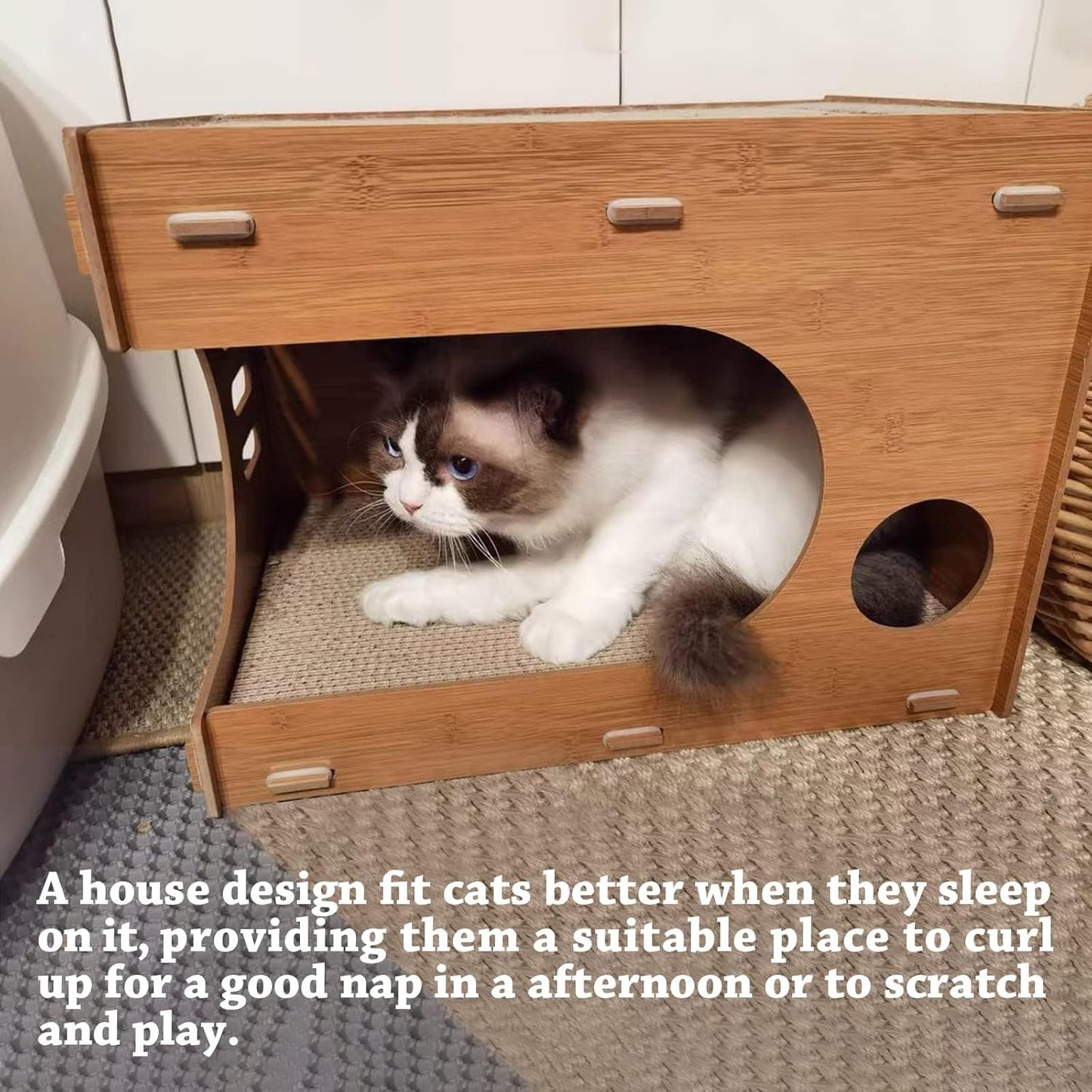 Cat Scratcher Lounge, Wooden House With Cardboard Pad, Double Layer Indoor Home for Multi Cats Family