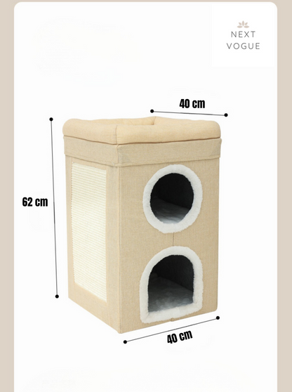 3-Layer Cat House & Condo Bed with Scratch Pad, Hideaway Cube, Large Indoor Bed for Multiple Cats (62x40x40 cm)