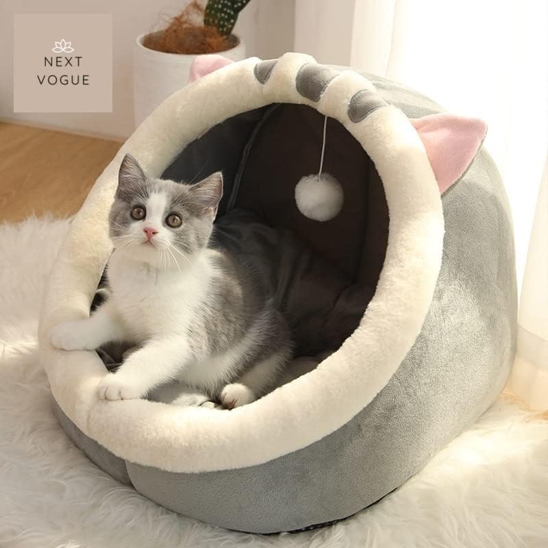 Cat Cave Bed with Anti-Slip Bottom, Removable Washable Cushion & Hanging Toy, Soft Calming Bed for Cats, Small Dogs & Rabbits