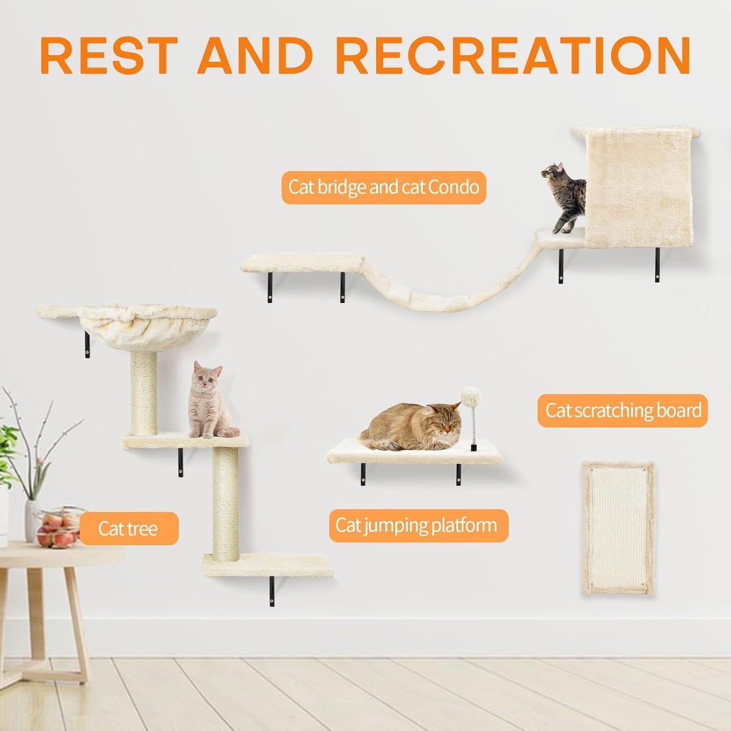 5-Pcs Wall-Mounted Cat Furniture Set with Shelves, Perches, Ladder, Condo & Scratching Board