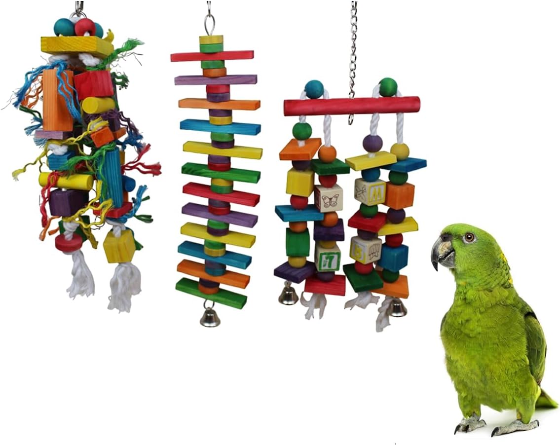 Set of 3 Natural Wood Parrot Toys for Small, Medium & Some Large Parrots - Safe & Durable Bird Chew Toys