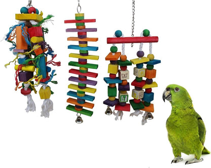 Set of 3 Natural Wood Parrot Toys for Small, Medium & Some Large Parrots - Safe & Durable Bird Chew Toys