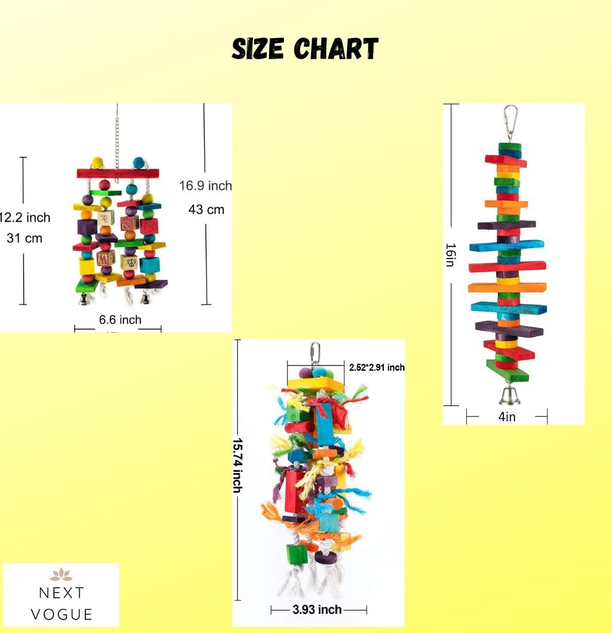 Set of 3 Natural Wood Parrot Toys for Small, Medium & Some Large Parrots - Safe & Durable Bird Chew Toys