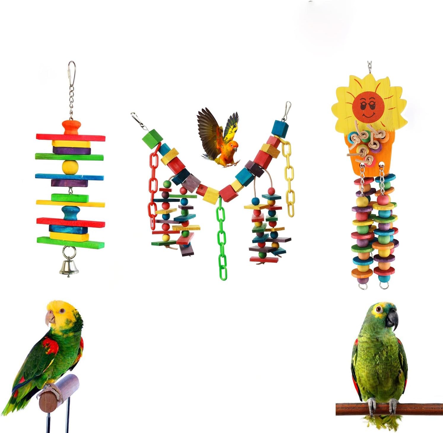 Set of 3 Natural Wood Parrot Toys - Ideal for Small & Medium Parrots. Safe & Durable Chew Toys Promote Mental Stimulation & Beak Health. Handcrafted Bird Toys for Enriching Playtime