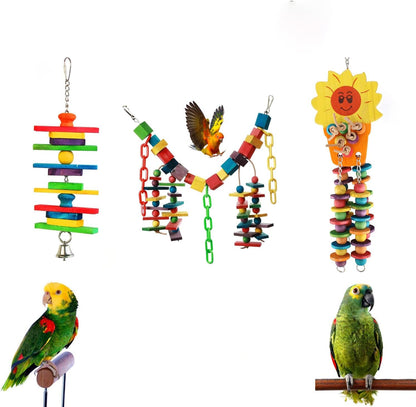 Set of 3 Natural Wood Parrot Toys - Ideal for Small & Medium Parrots. Safe & Durable Chew Toys Promote Mental Stimulation & Beak Health. Handcrafted Bird Toys for Enriching Playtime
