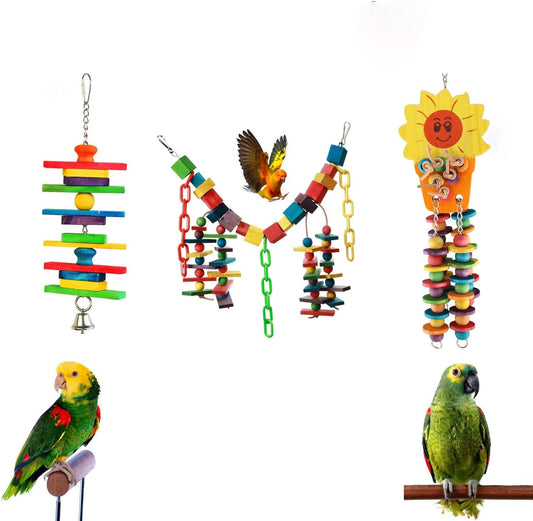 Set of 3 Natural Wood Parrot Toys - Ideal for Small & Medium Parrots. Safe & Durable Chew Toys Promote Mental Stimulation & Beak Health. Handcrafted Bird Toys for Enriching Playtime