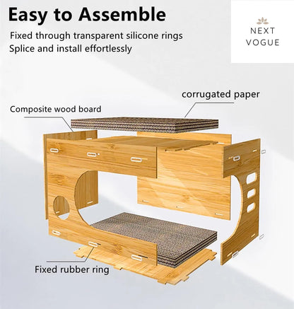 Cat Scratcher Lounge, Wooden House With Cardboard Pad, Double Layer Indoor Home for Multi Cats Family