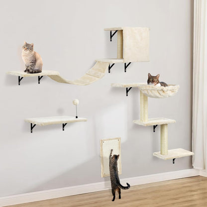 5-Pcs Wall-Mounted Cat Furniture Set with Shelves, Perches, Ladder, Condo & Scratching Board