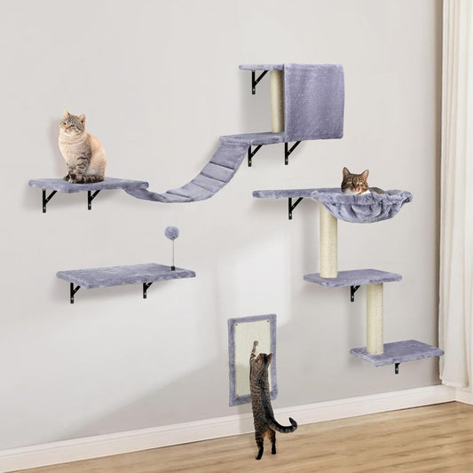 5-Pcs Wall-Mounted Cat Furniture Set with Shelves, Perches, Ladder, Condo & Scratching Board