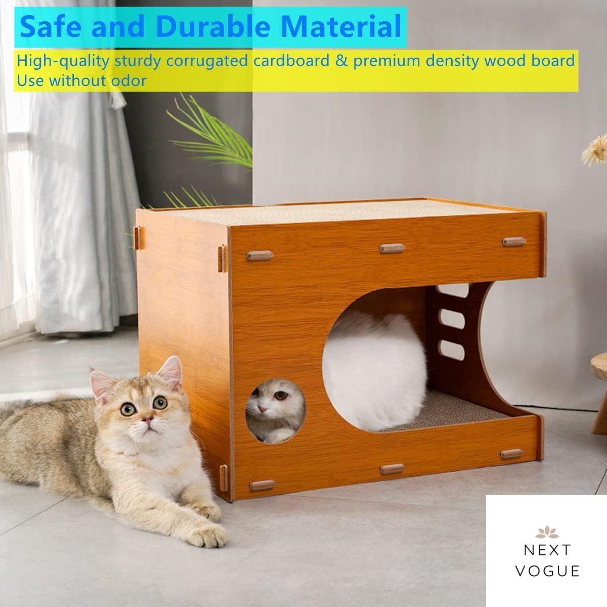 Cat Scratcher Lounge, Wooden House With Cardboard Pad, Double Layer Indoor Home for Multi Cats Family