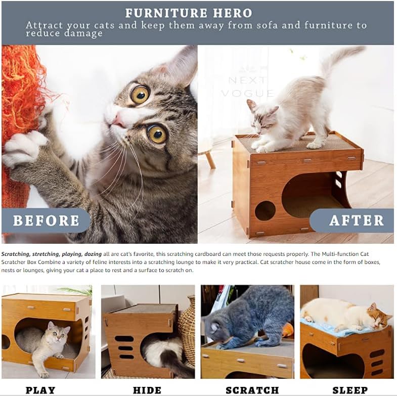 Cat Scratcher Lounge, Wooden House With Cardboard Pad, Double Layer Indoor Home for Multi Cats Family