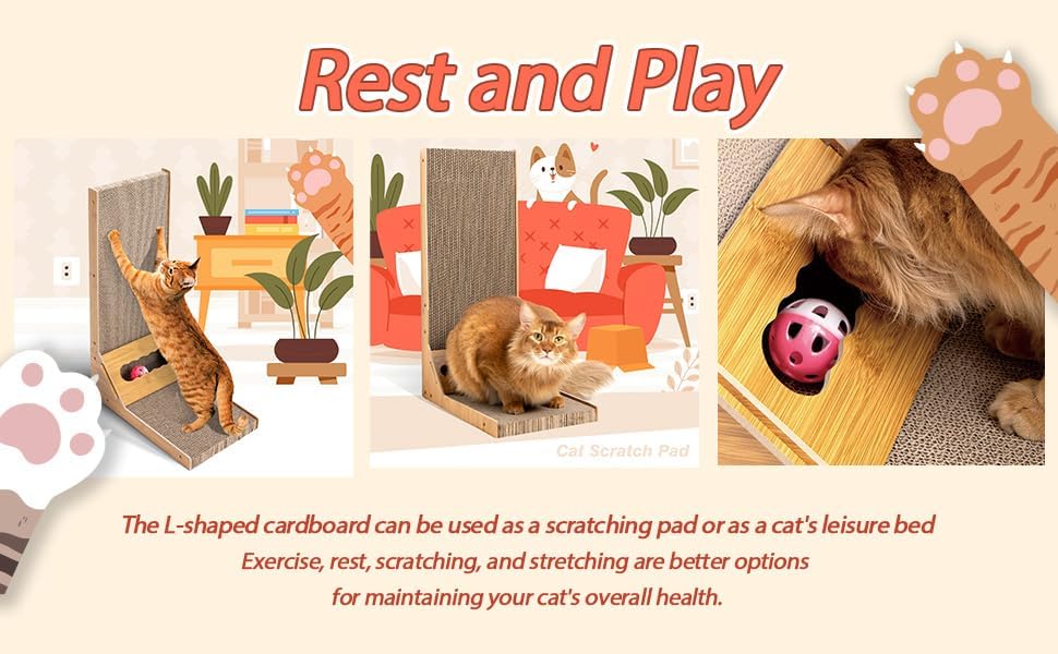 L-Shaped Cat Scratcher with Ball Toy & Catnip, 23.6" Scratching Post + Teaser Wand
