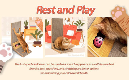 L-Shaped Cat Scratcher with Ball Toy & Catnip, 23.6" Scratching Post + Teaser Wand