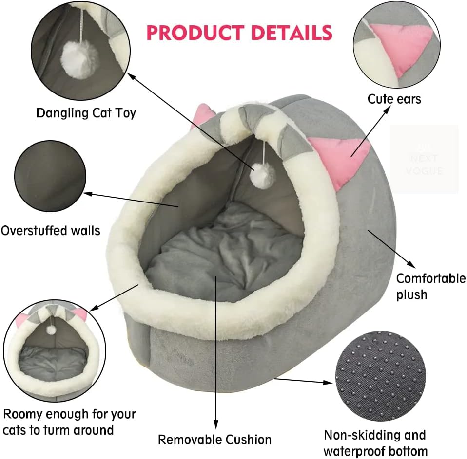 Cat Cave Bed with Anti-Slip Bottom, Removable Washable Cushion & Hanging Toy, Soft Calming Bed for Cats, Small Dogs & Rabbits