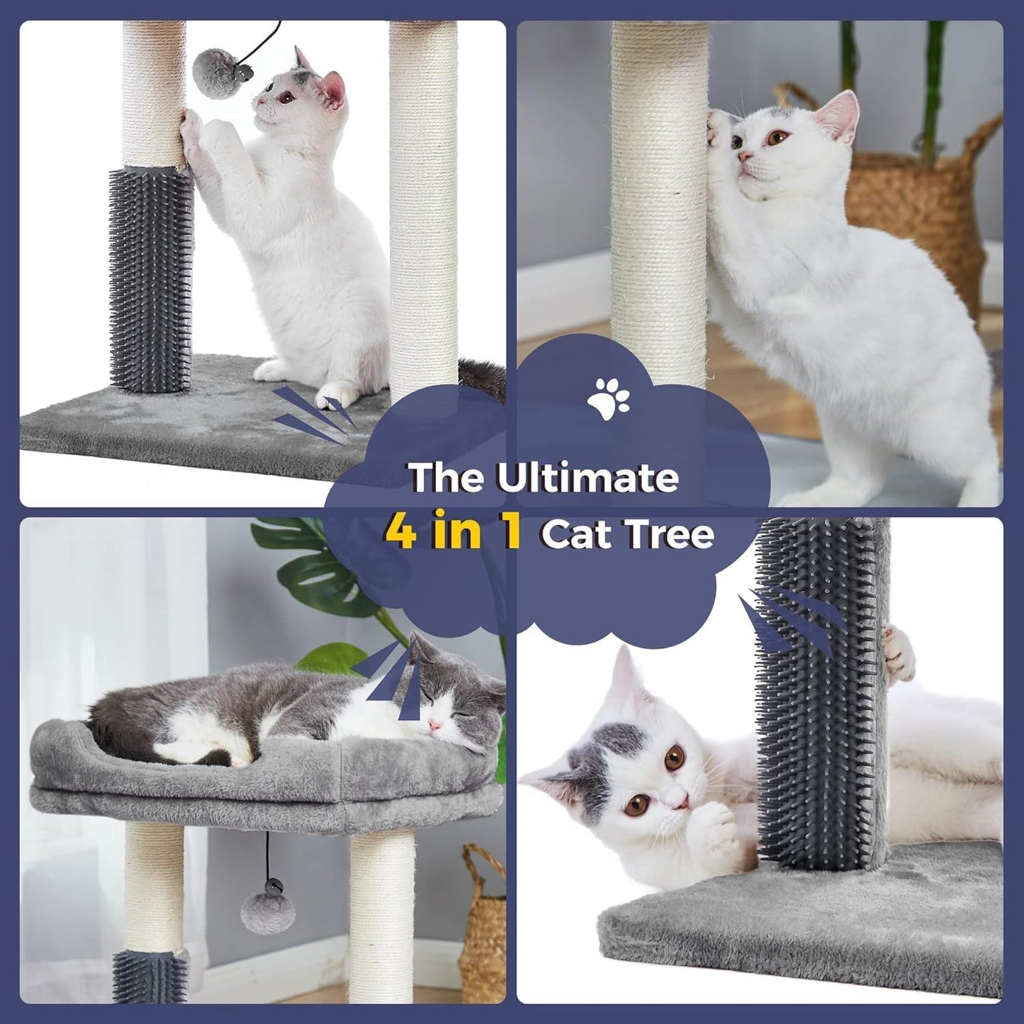 4 in 1 Cat Tree with Cat Bed, Self Groomer, Wide Perch, Natural Scratching Post and Danging Ball for Indoor Cats