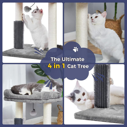 4 in 1 Cat Tree with Cat Bed, Self Groomer, Wide Perch, Natural Scratching Post and Danging Ball for Indoor Cats