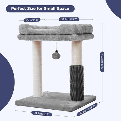 4 in 1 Cat Tree with Cat Bed, Self Groomer, Wide Perch, Natural Scratching Post and Danging Ball for Indoor Cats