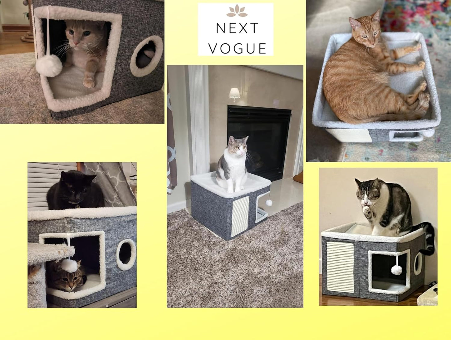 Large Indoor Cat Bed, Cozy Foldable Condo with Fluffy Hanging Ball, Round Window & Scratch Pad