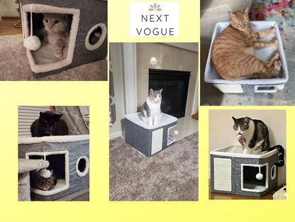 Large Indoor Cat Bed, Cozy Foldable Condo with Fluffy Hanging Ball, Round Window & Scratch Pad