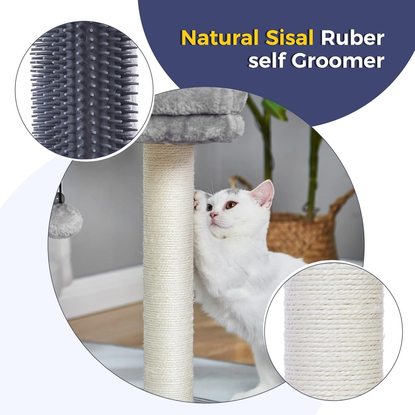 4 in 1 Cat Tree with Cat Bed, Self Groomer, Wide Perch, Natural Scratching Post and Danging Ball for Indoor Cats