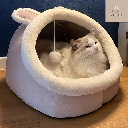 Cozy Cat Cave Bed with Hanging Toy, Semi-Enclosed Cat Bed with Large Space for Cats to Rest & Sleep, Pet Bed with Washable and Removable Mat, Ideal for Cats Small Dogs & Other Small Animals