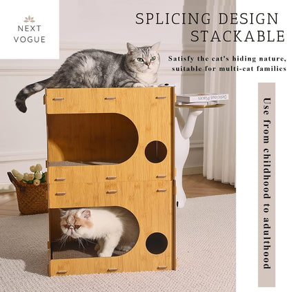 Cat Scratcher Lounge, Wooden House With Cardboard Pad, Double Layer Indoor Home for Multi Cats Family