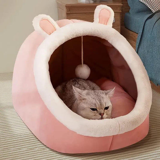 Cozy Cat Cave Bed with Hanging Toy, Semi-Enclosed Cat Bed with Large Space for Cats to Rest & Sleep, Pet Bed with Washable and Removable Mat, Ideal for Cats Small Dogs & Other Small Animals