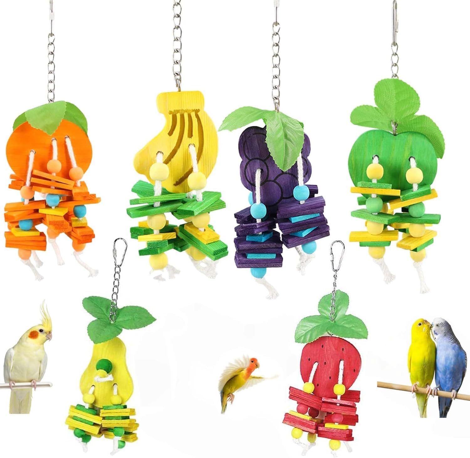 Natural Wood Parrot Toys Set of 6 Pieces for Small to Medium Parrots, Safe and Durable Bird Chew Toys, Fun and Colorful Hanging Accessories for Cage, Non-Toxic and Eco-Friendly Avian Toys