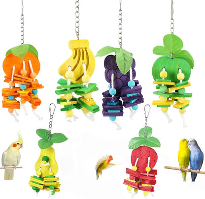 Natural Wood Parrot Toys Set of 6 Pieces for Small to Medium Parrots, Safe and Durable Bird Chew Toys, Fun and Colorful Hanging Accessories for Cage, Non-Toxic and Eco-Friendly Avian Toys