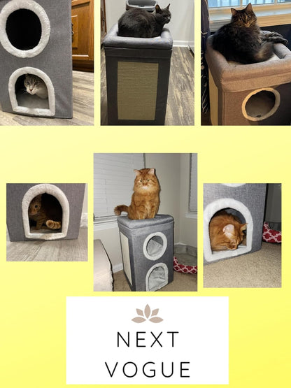 3-Layer Cat House & Condo Bed with Scratch Pad, Hideaway Cube, Large Indoor Bed for Multiple Cats (62x40x40 cm)