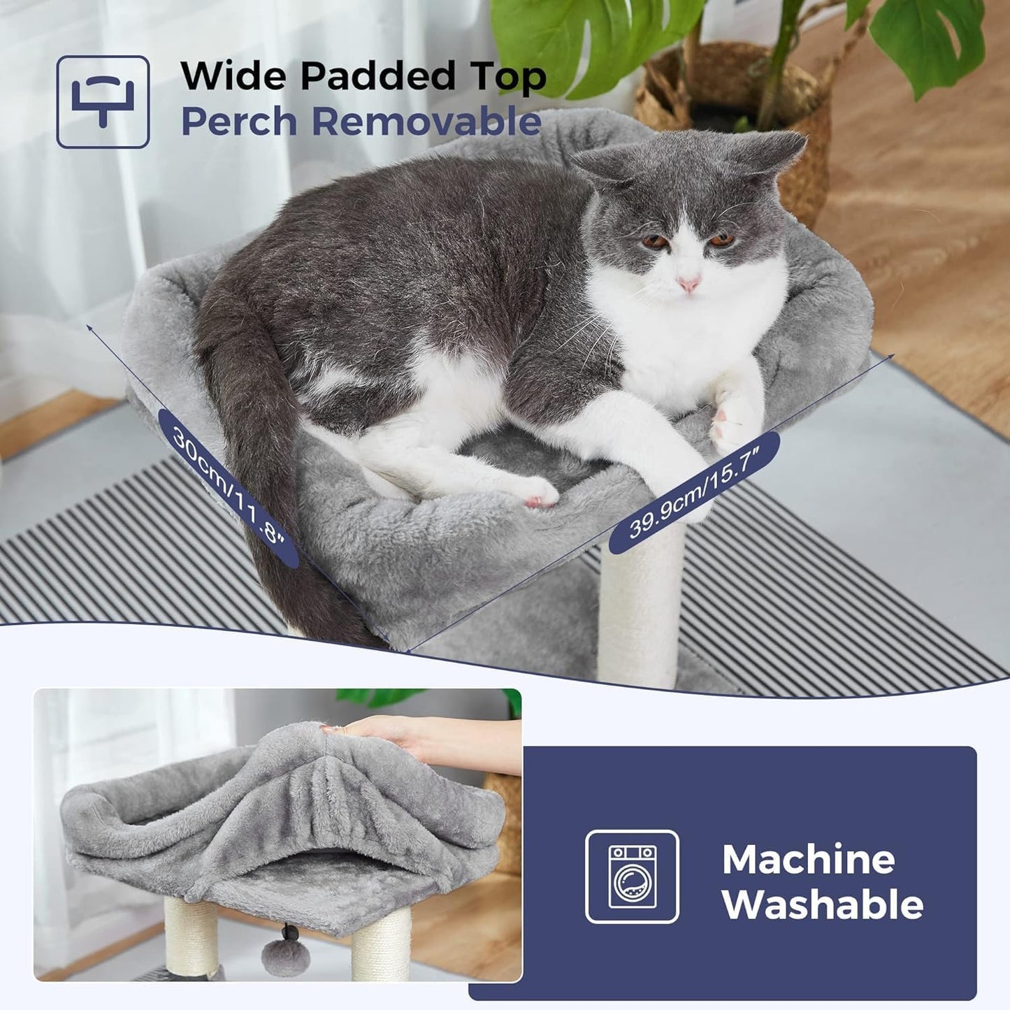 4 in 1 Cat Tree with Cat Bed, Self Groomer, Wide Perch, Natural Scratching Post and Danging Ball for Indoor Cats