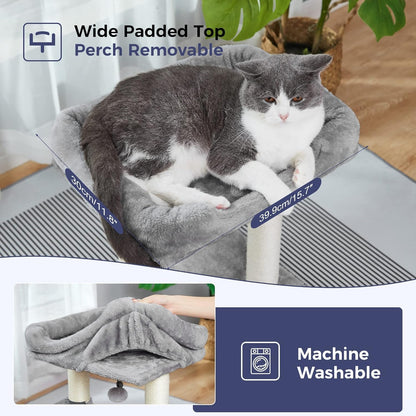 4 in 1 Cat Tree with Cat Bed, Self Groomer, Wide Perch, Natural Scratching Post and Danging Ball for Indoor Cats