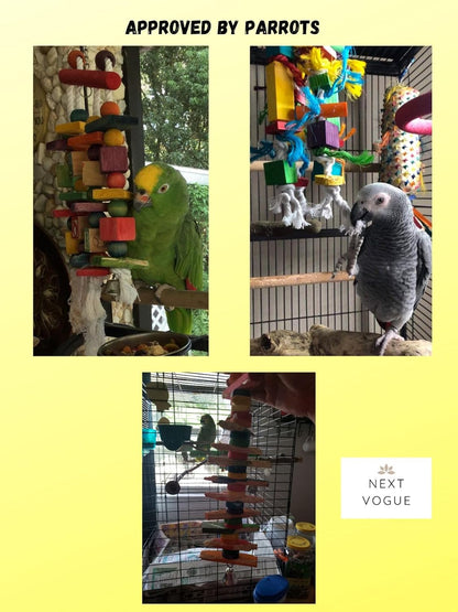 Set of 3 Natural Wood Parrot Toys for Small, Medium & Some Large Parrots - Safe & Durable Bird Chew Toys