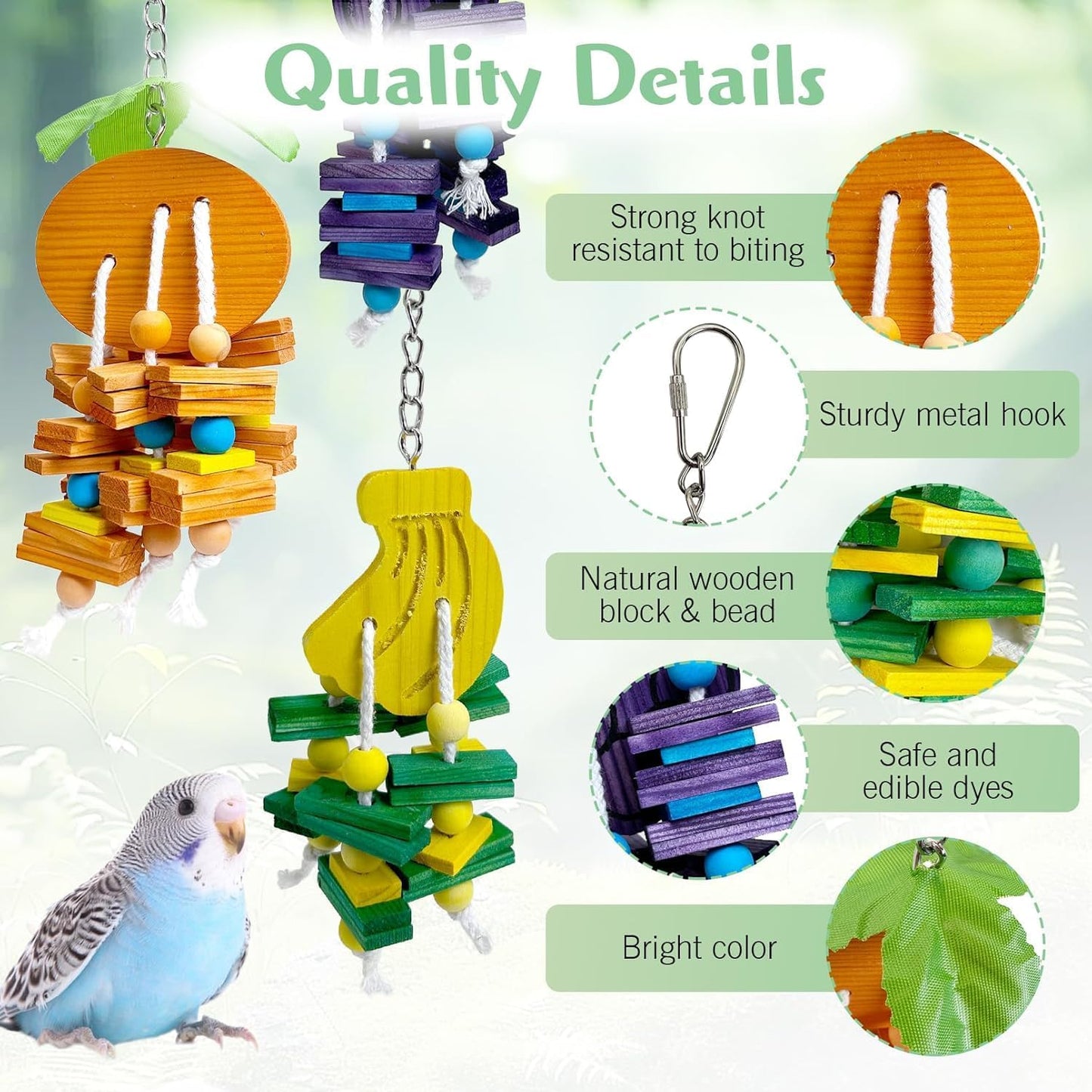 Natural Wood Parrot Toys Set of 6 Pieces for Small to Medium Parrots, Safe and Durable Bird Chew Toys, Fun and Colorful Hanging Accessories for Cage, Non-Toxic and Eco-Friendly Avian Toys