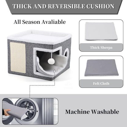 Large Indoor Cat Bed, Cozy Foldable Condo with Fluffy Hanging Ball, Round Window & Scratch Pad