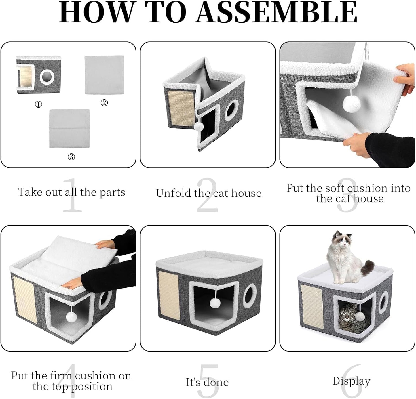 Large Indoor Cat Bed, Cozy Foldable Condo with Fluffy Hanging Ball, Round Window & Scratch Pad