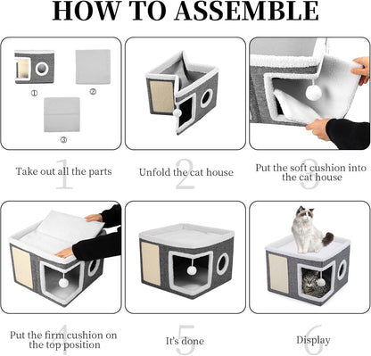 Large Indoor Cat Bed, Cozy Foldable Condo with Fluffy Hanging Ball, Round Window & Scratch Pad