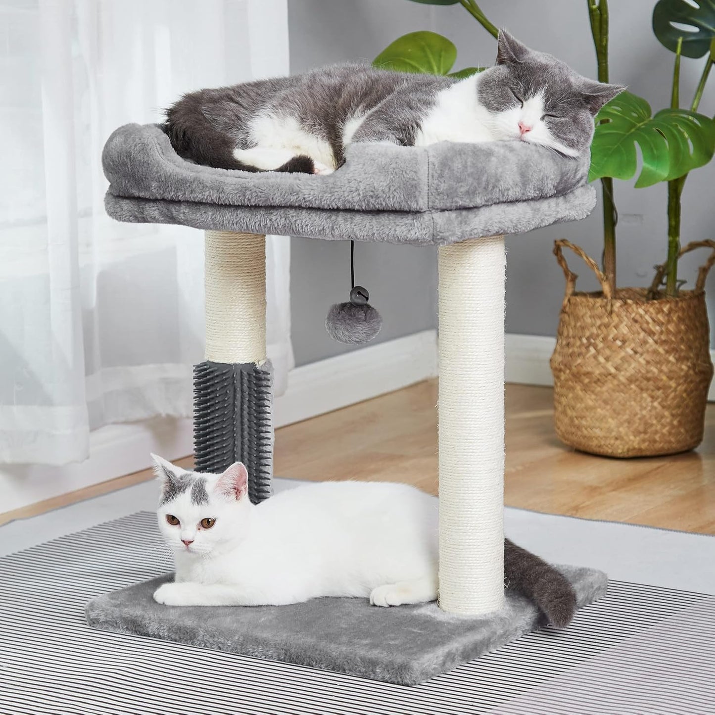 4 in 1 Cat Tree with Cat Bed, Self Groomer, Wide Perch, Natural Scratching Post and Danging Ball for Indoor Cats