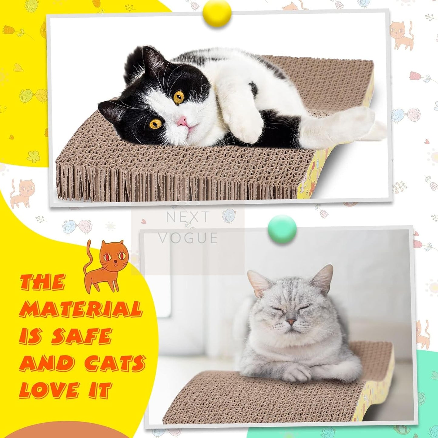 4-Pcs Reversible Cardboard Cat Scratcher with Catnip, S-Shape Corrugated Pads for Furniture Protection