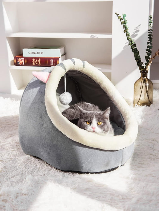 Cat Cave Bed with Anti-Slip Bottom, Removable Washable Cushion & Hanging Toy, Soft Calming Bed for Cats, Small Dogs & Rabbits