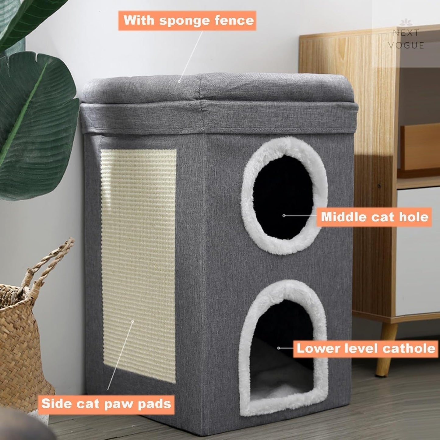 3-Layer Cat House & Condo Bed with Scratch Pad, Hideaway Cube, Large Indoor Bed for Multiple Cats (62x40x40 cm)