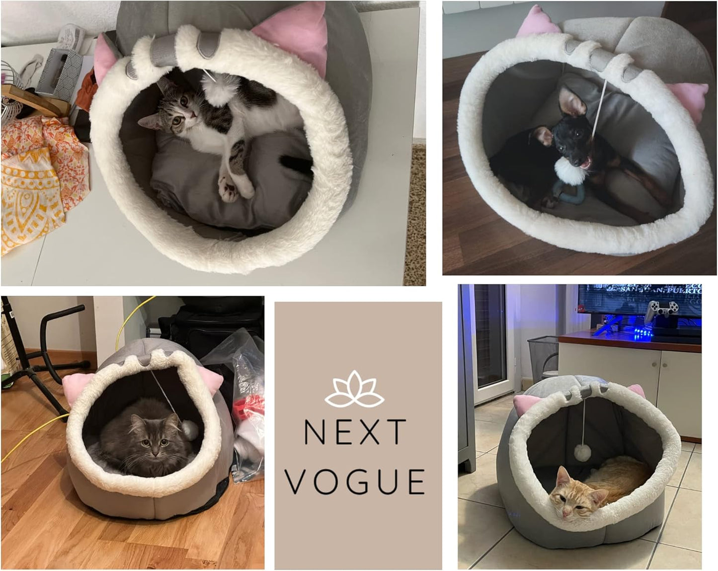 Cat Cave Bed with Anti-Slip Bottom, Removable Washable Cushion & Hanging Toy, Soft Calming Bed for Cats, Small Dogs & Rabbits