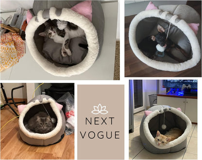 Cat Cave Bed with Anti-Slip Bottom, Removable Washable Cushion & Hanging Toy, Soft Calming Bed for Cats, Small Dogs & Rabbits
