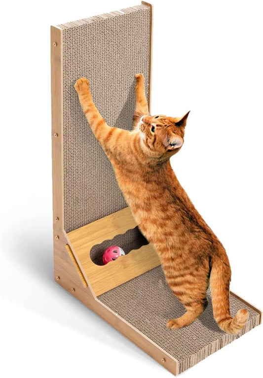 L-Shaped Cat Scratcher with Ball Toy & Catnip, 23.6" Scratching Post + Teaser Wand