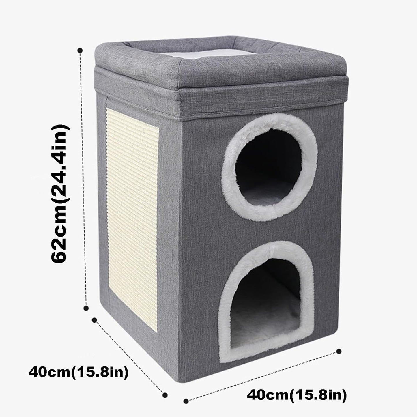 3-Layer Cat House & Condo Bed with Scratch Pad, Hideaway Cube, Large Indoor Bed for Multiple Cats (62x40x40 cm)