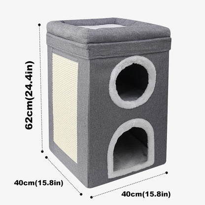 3-Layer Cat House & Condo Bed with Scratch Pad, Hideaway Cube, Large Indoor Bed for Multiple Cats (62x40x40 cm)