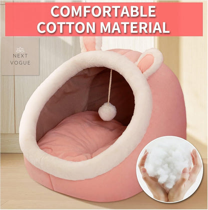 Cozy Cat Cave Bed with Hanging Toy, Semi-Enclosed Cat Bed with Large Space for Cats to Rest & Sleep, Pet Bed with Washable and Removable Mat, Ideal for Cats Small Dogs & Other Small Animals