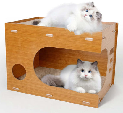 Cat Scratcher Lounge, Wooden House With Cardboard Pad, Double Layer Indoor Home for Multi Cats Family