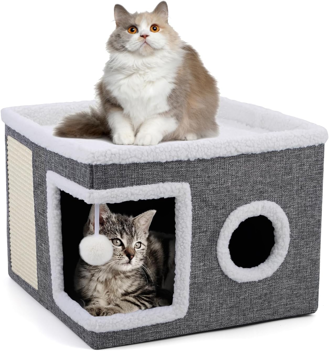 Large Indoor Cat Bed, Cozy Foldable Condo with Fluffy Hanging Ball, Round Window & Scratch Pad