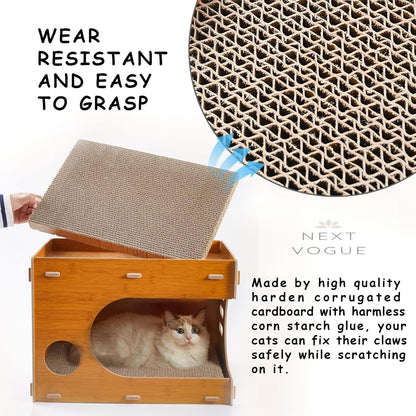 Cat Scratcher Lounge, Wooden House With Cardboard Pad, Double Layer Indoor Home for Multi Cats Family